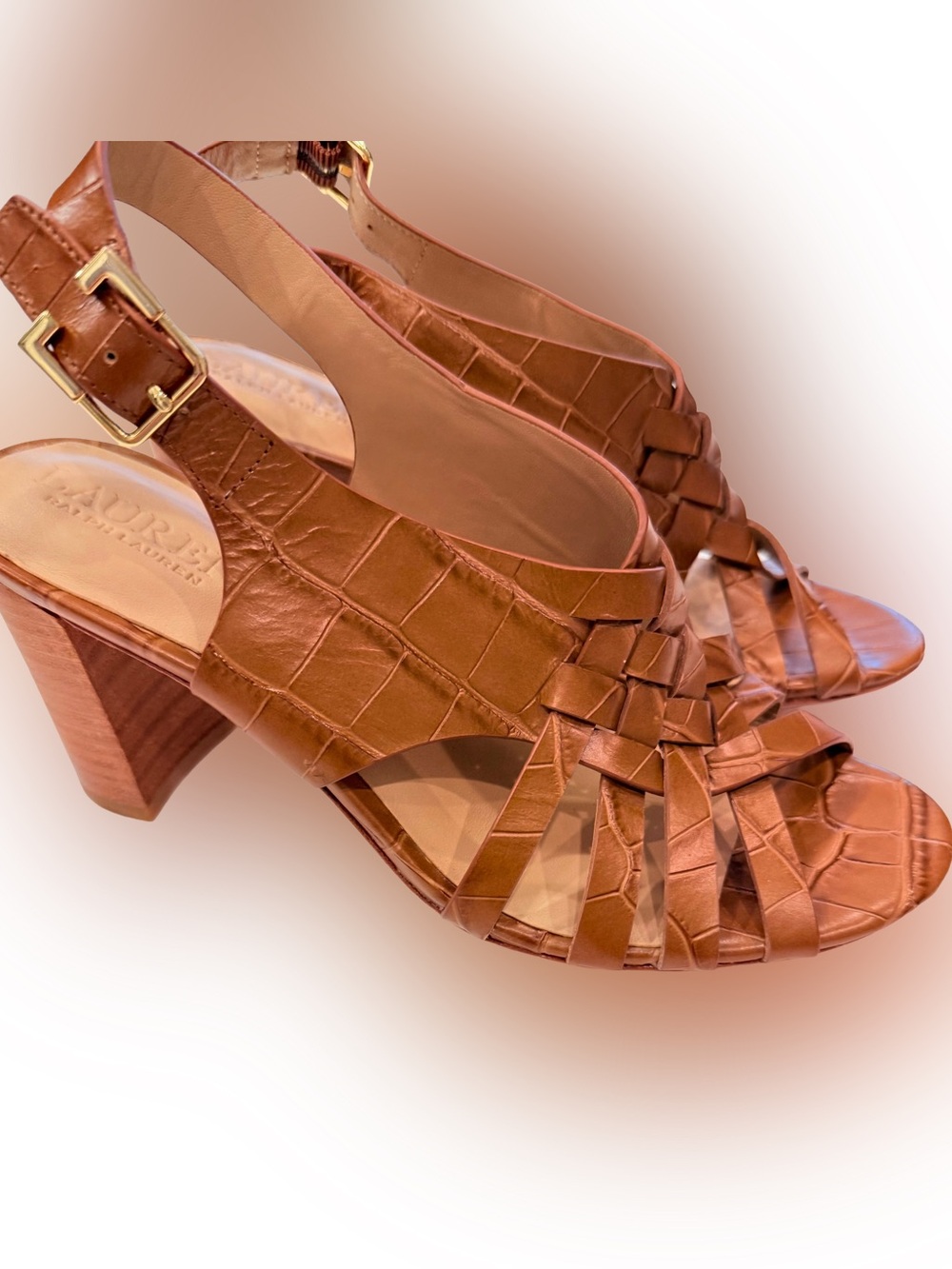 Ralph Lauren Brown Woven Calfskin Heeled Sandals Made In Italy Size 6 NEW